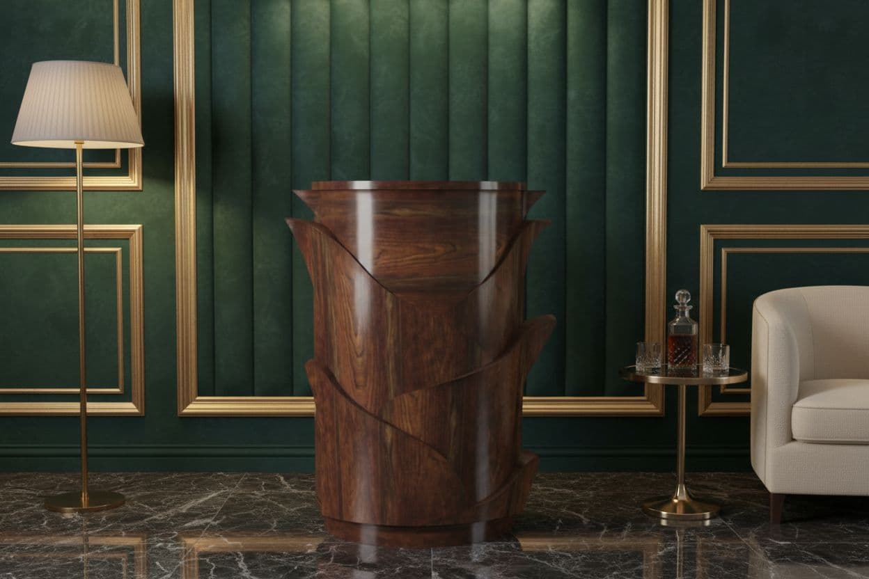 The Hidden Pour, Ekkayi's bar cabinet, its layered form drawn from the palm trunk